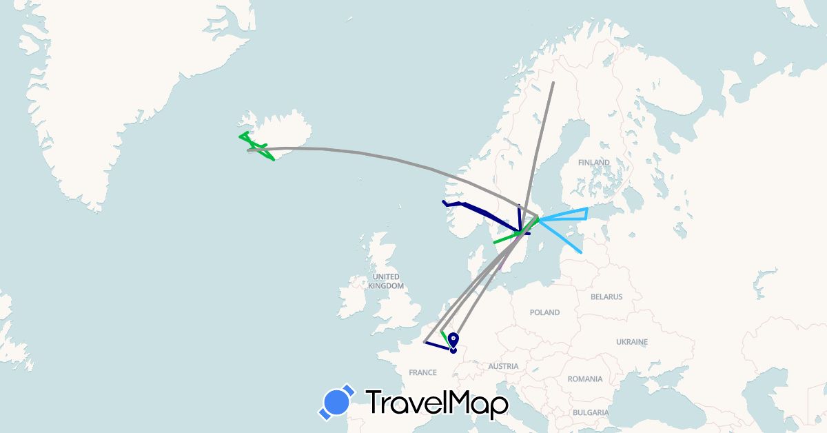 TravelMap itinerary: driving, bus, plane, train, boat in Belgium, Denmark, Estonia, Finland, France, Iceland, Luxembourg, Latvia, Norway, Sweden (Europe)
